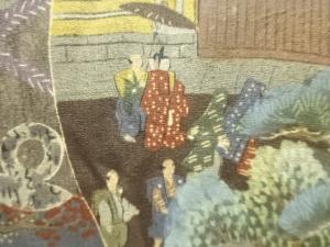 アンティーク　鈴に時代人物模様肩裏紋付羽二重男物羽織